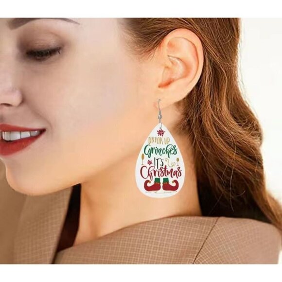 Handmade Jewelry - Christmas Faux Leather Teardrop Earrings "Drink Up Grinches It's Christmas"